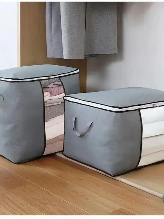 1pc Large Storage Bag Organizer Clothes Storage With Reinforced Handle, Storage Containers For Bedding, Comforters, Clothing, Closet, Clear Window, Sturdy Zippers