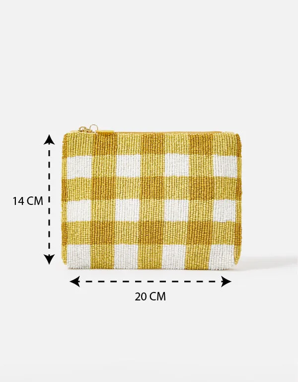 Accessorize London Women's Beaded yellow Large Gingham Beaded Pouch Make Up Bag