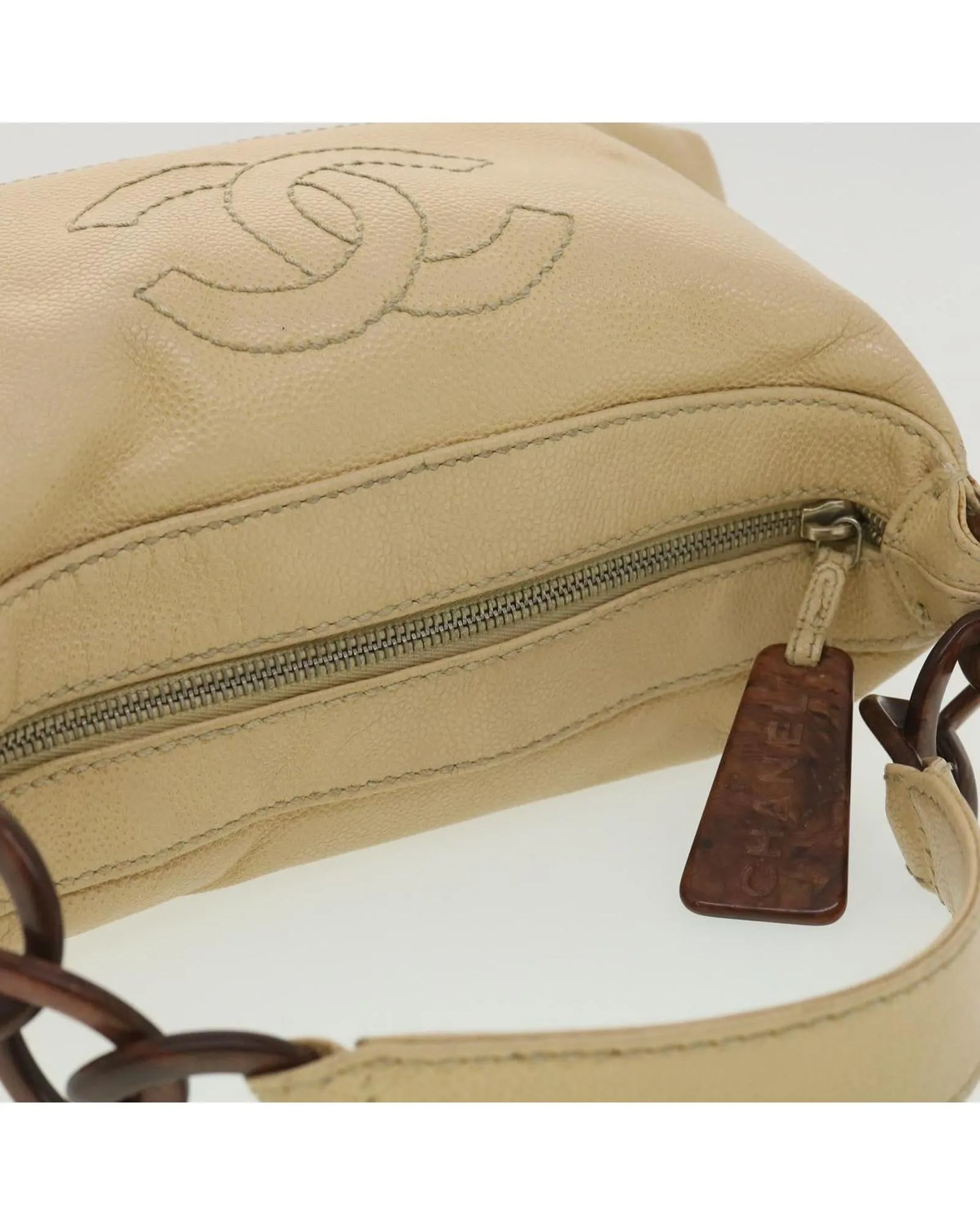 Beige Caviar Skin Shoulder Bag with CC Logo
