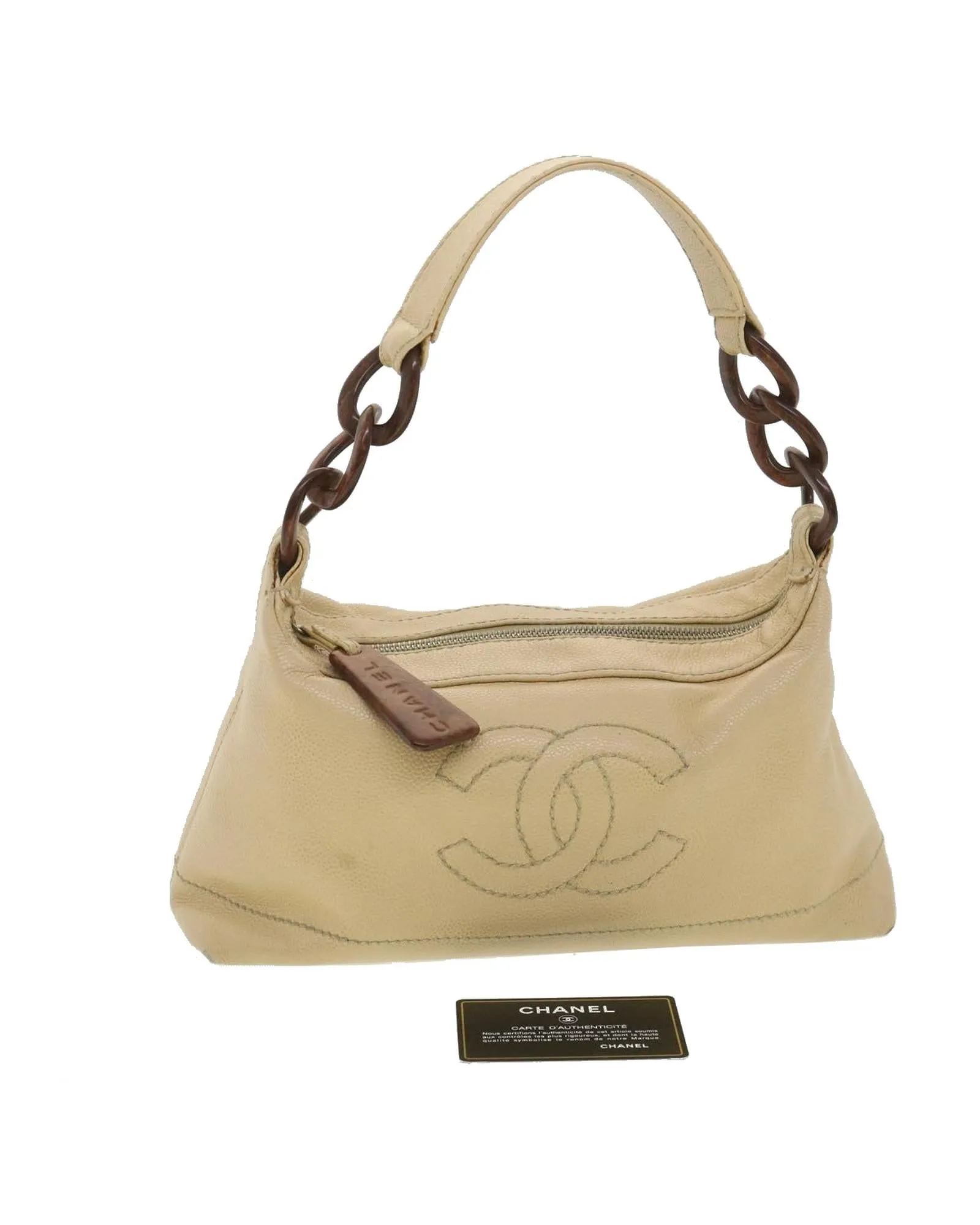 Beige Caviar Skin Shoulder Bag with CC Logo