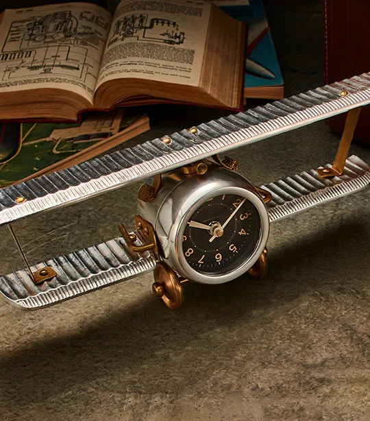 Biplane Table Clock Silver
