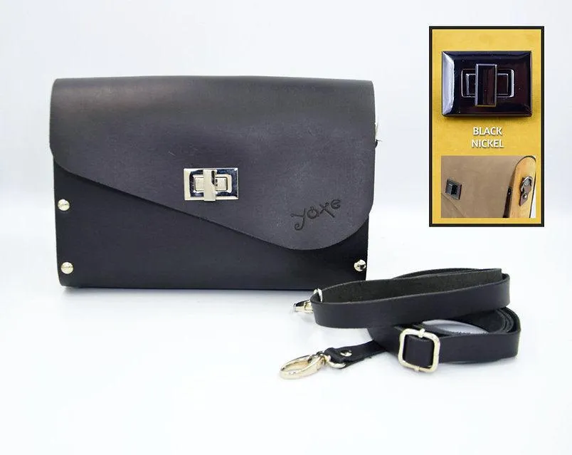 Black women bag from leather and wood
