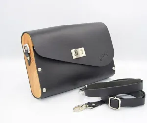 Black women bag from leather and wood