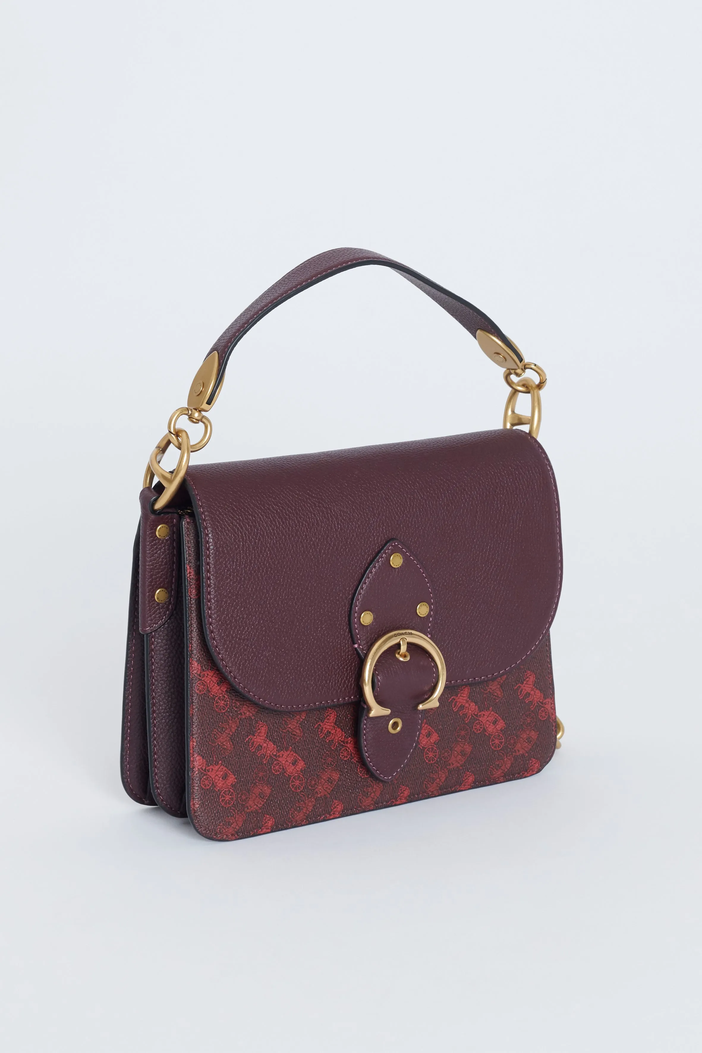Burgundy Leather Preowned Shoulder Bag With Horse And Carriage Print