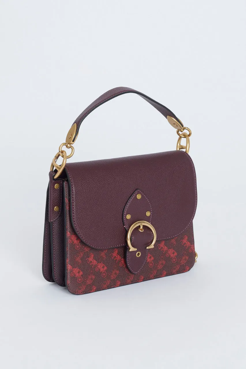 Burgundy Leather Preowned Shoulder Bag With Horse And Carriage Print