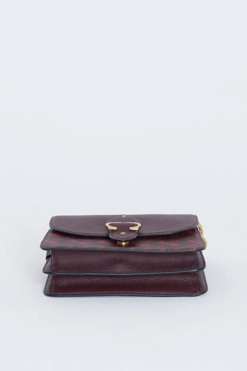 Burgundy Leather Preowned Shoulder Bag With Horse And Carriage Print