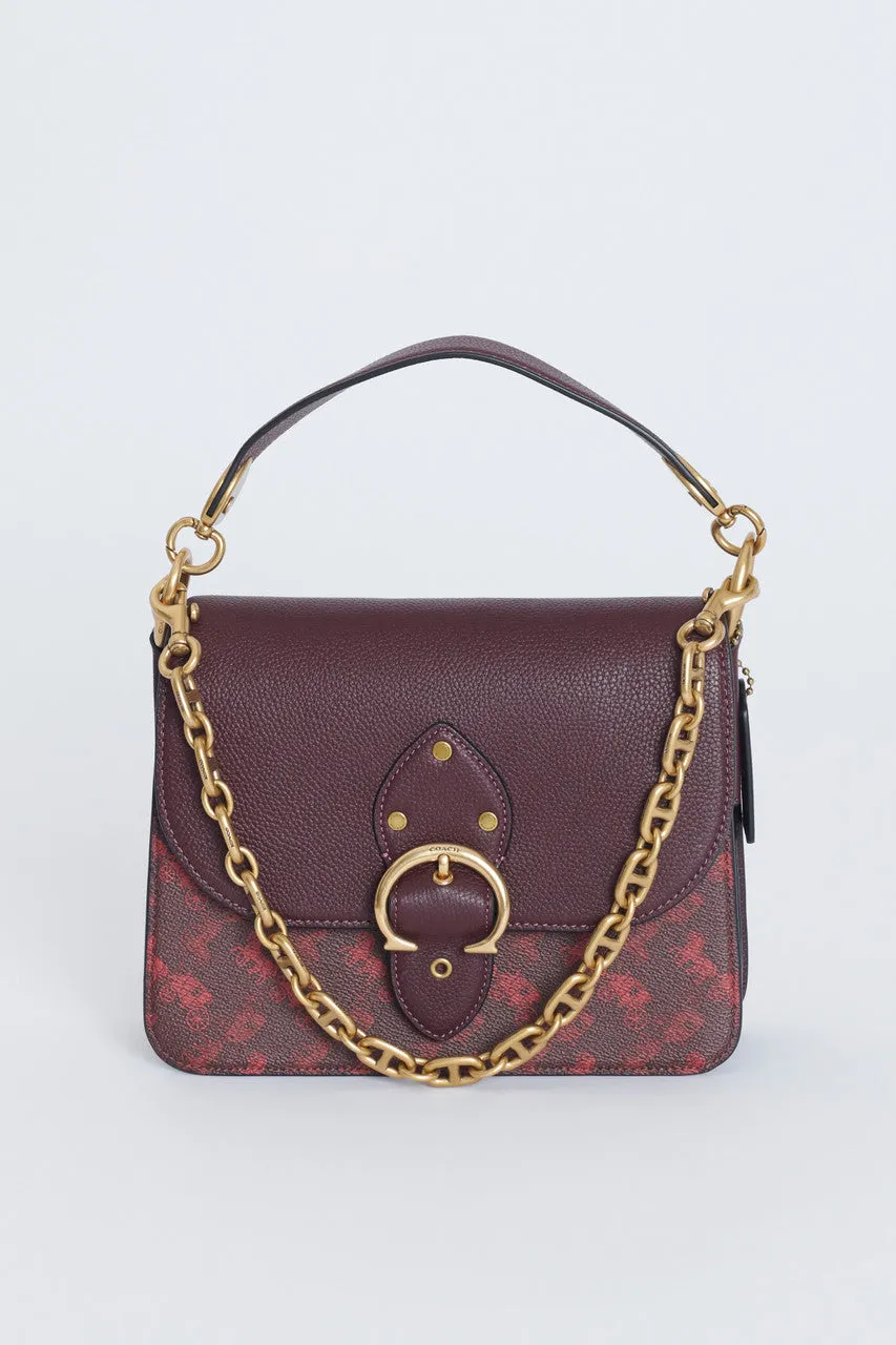 Burgundy Leather Preowned Shoulder Bag With Horse And Carriage Print