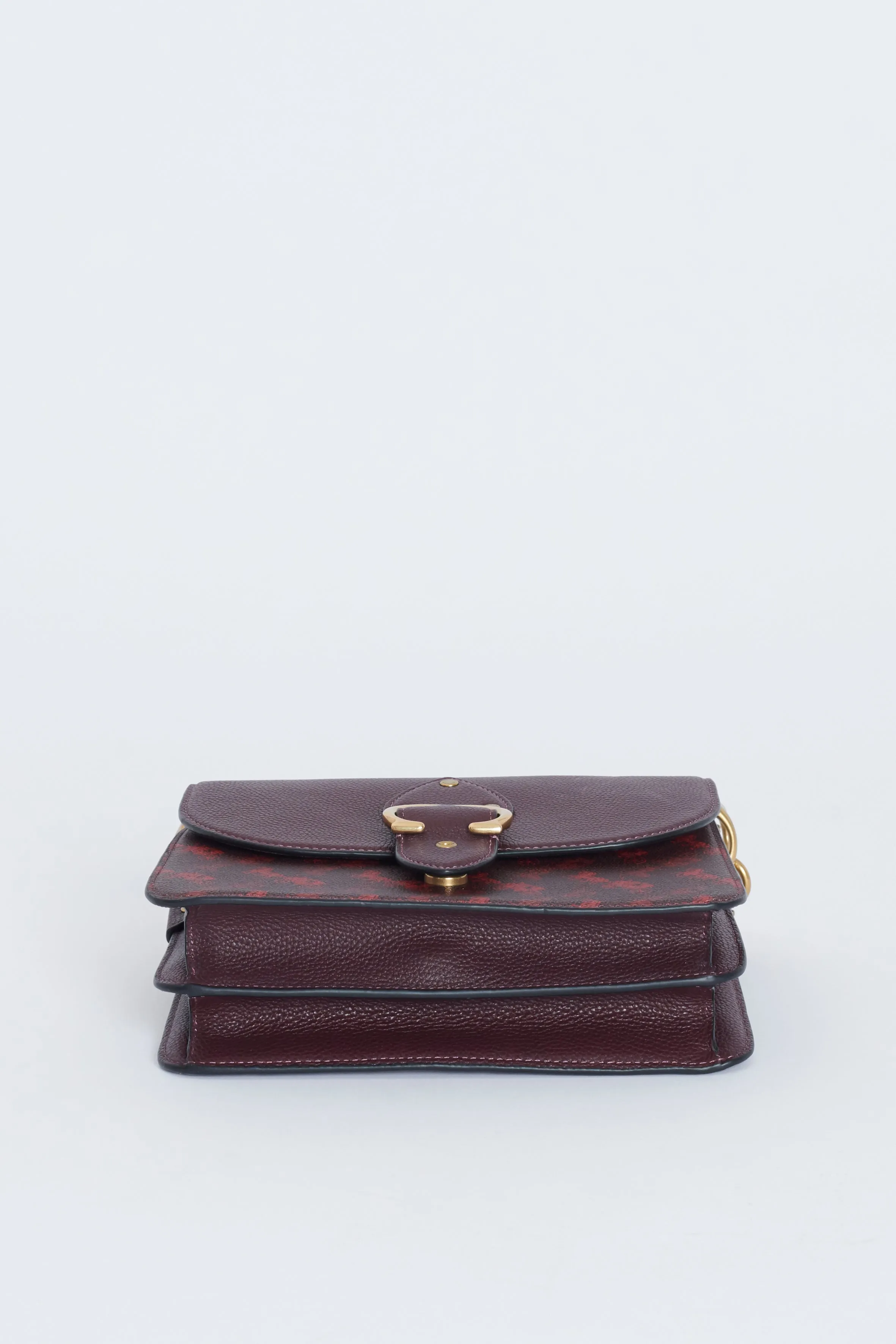 Burgundy Leather Preowned Shoulder Bag With Horse And Carriage Print
