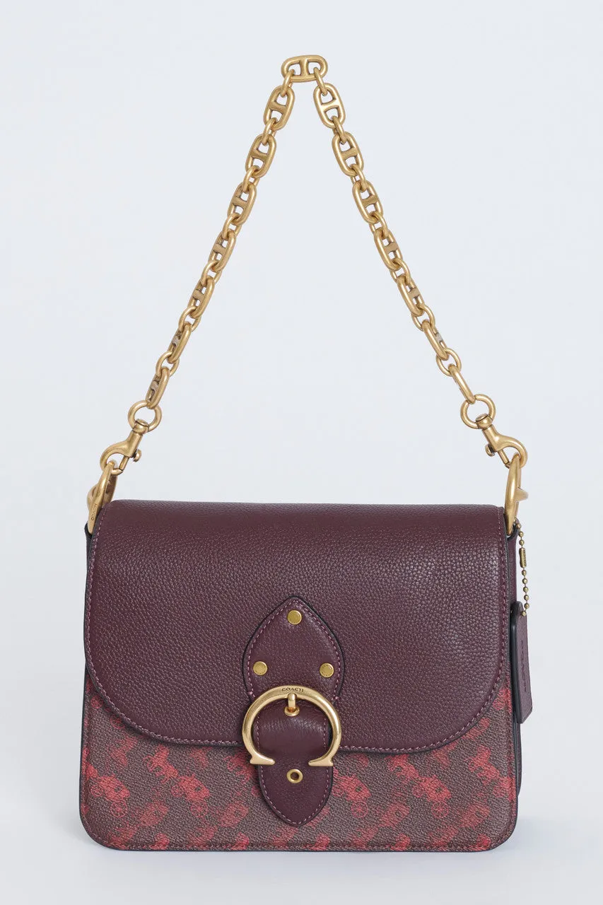 Burgundy Leather Preowned Shoulder Bag With Horse And Carriage Print