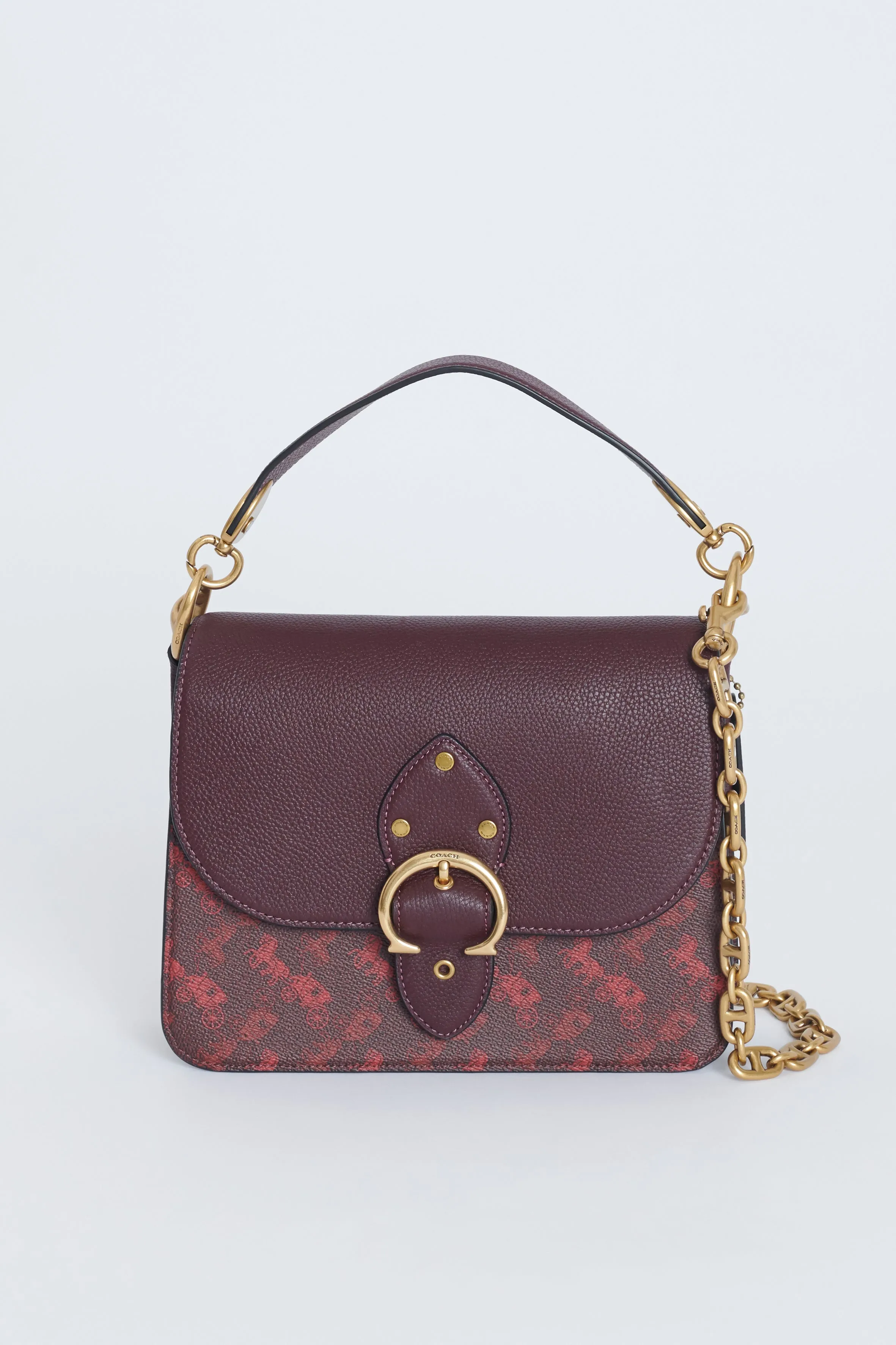 Burgundy Leather Preowned Shoulder Bag With Horse And Carriage Print