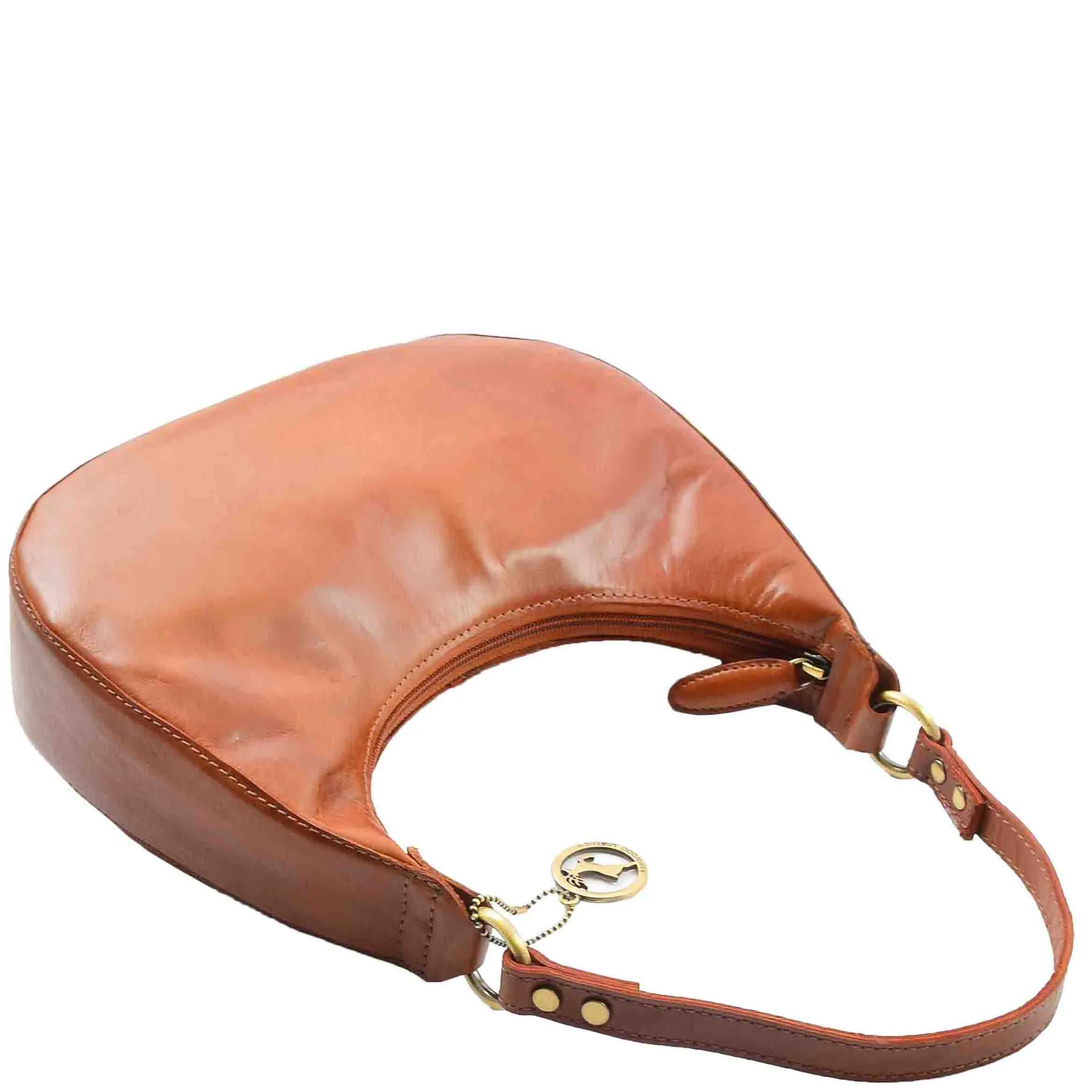 Classic Shoulder Hobo Real Leather Zip Bag GEMMA Cognac
