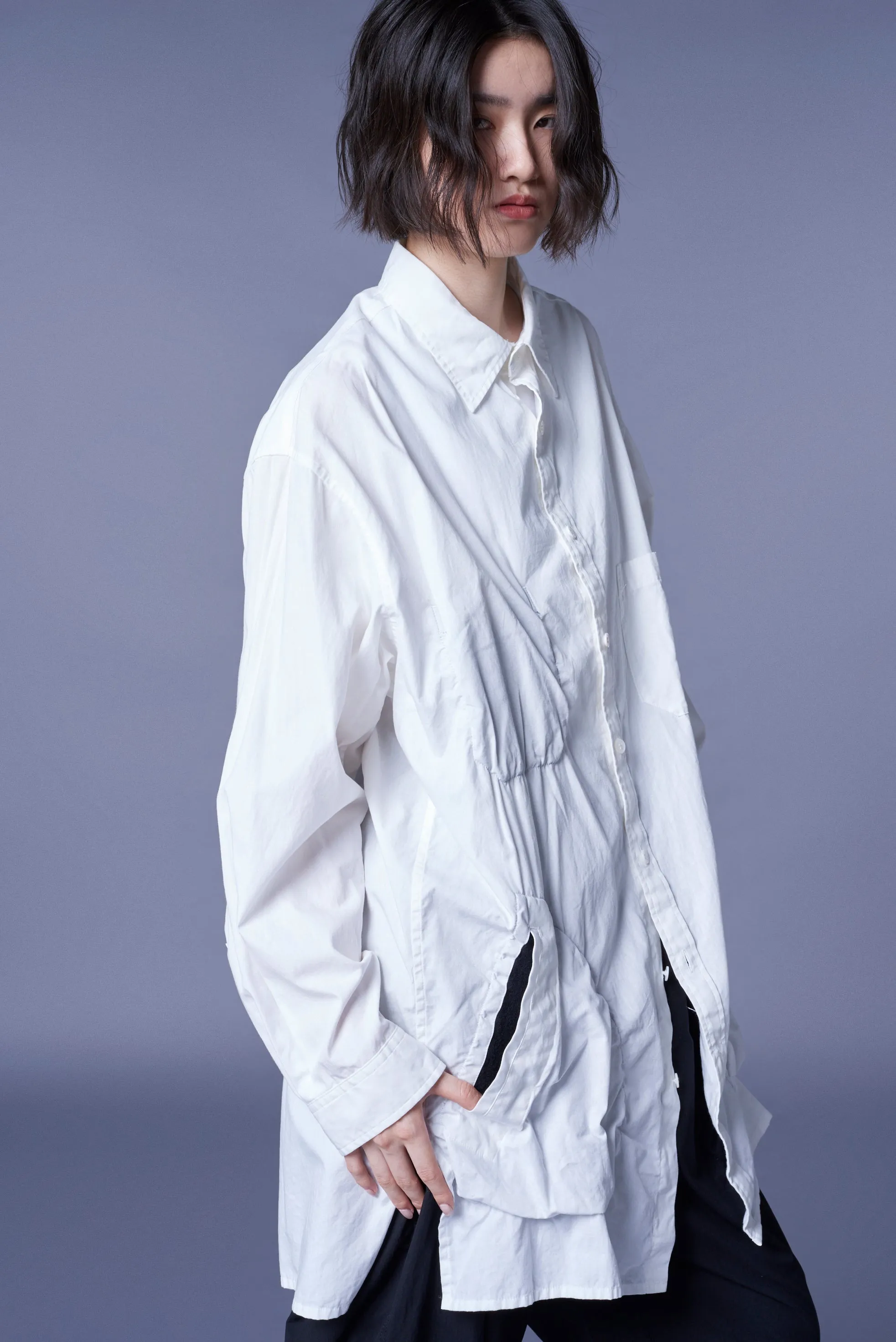 COTTON BROAD LONG SHIRT WITH FULLED WOOL GAUZE POCKETS