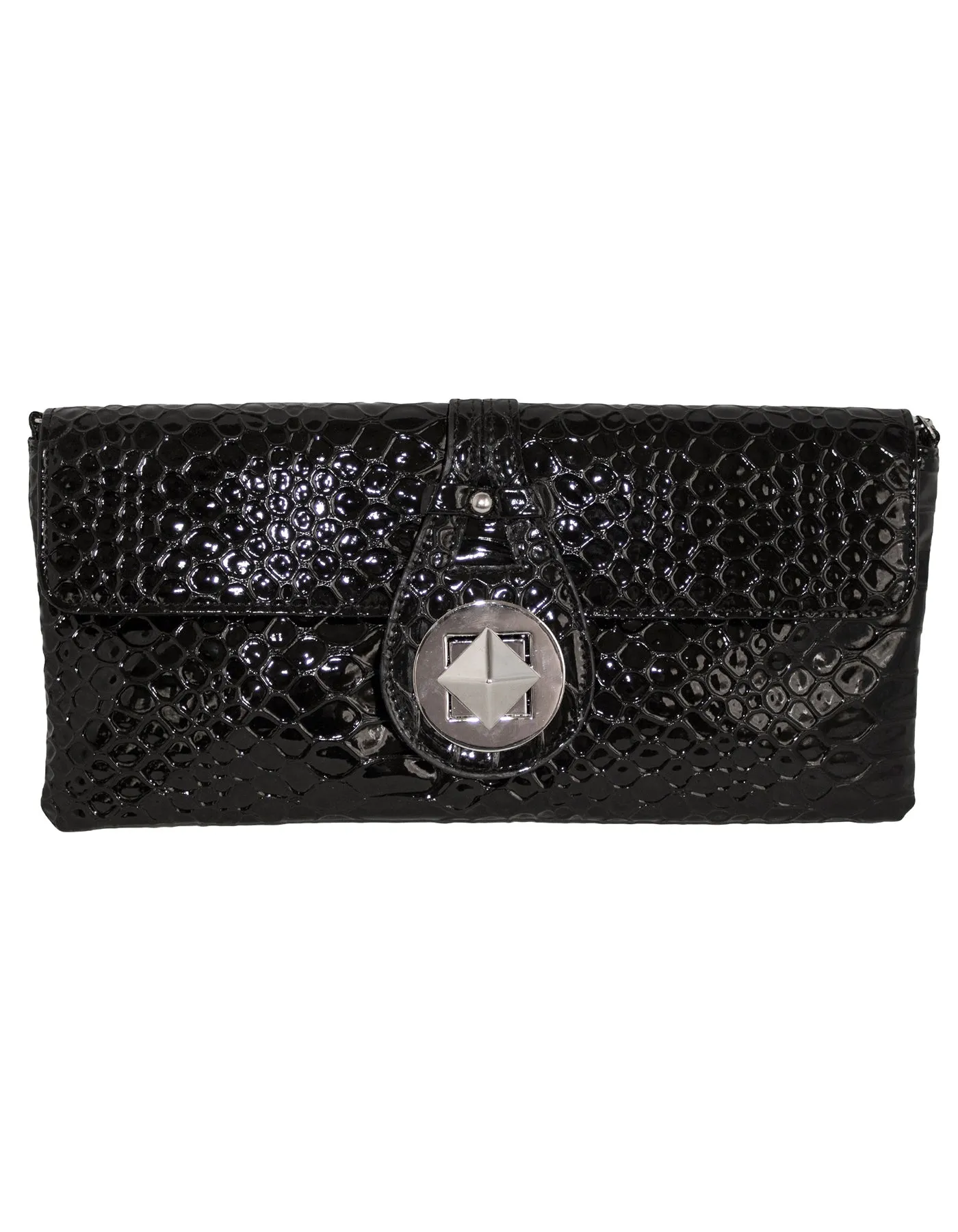 Fino RF-07 Faux Patent Crocodile Faux Leather Clutch Bag with Chain and Twist Lock