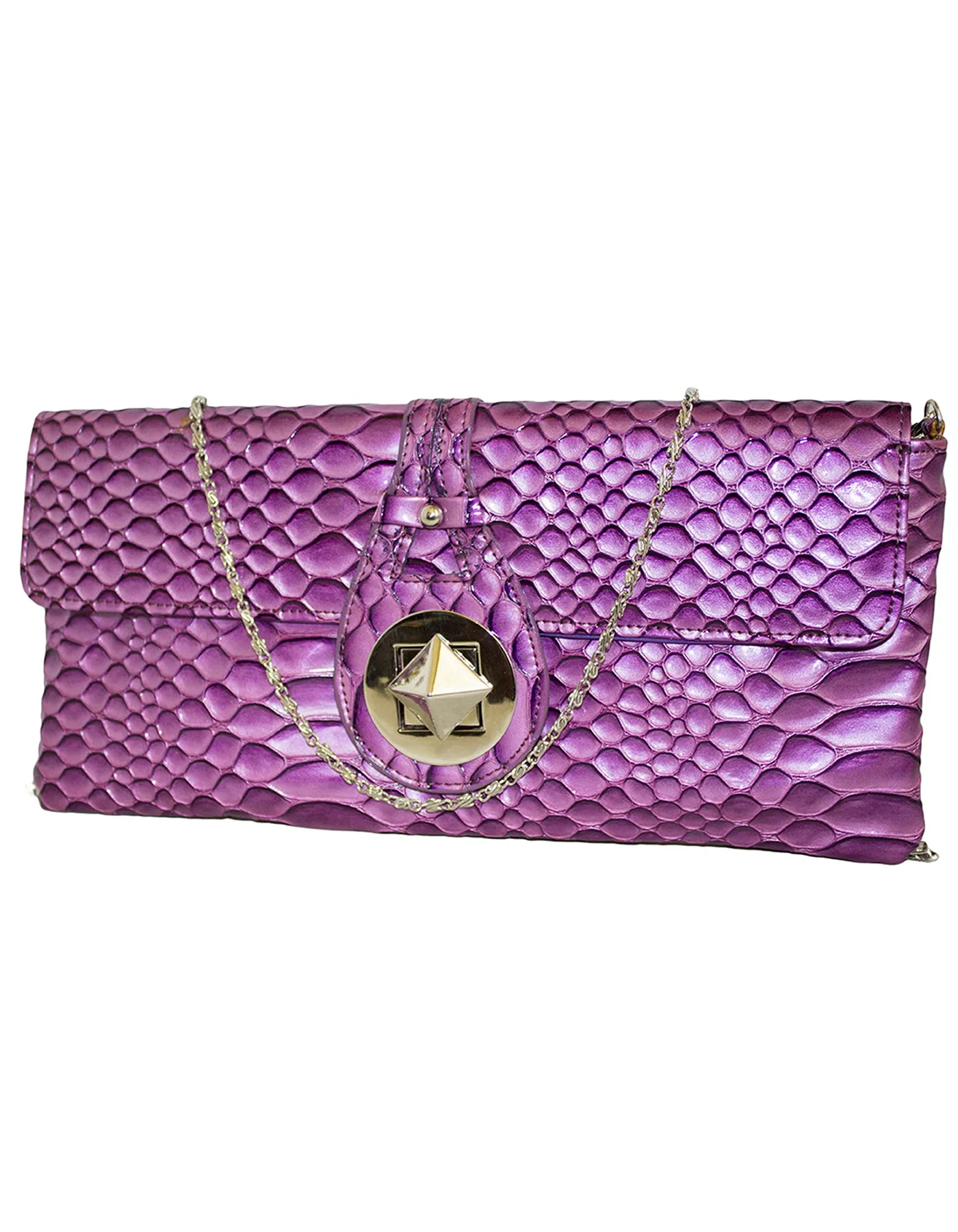 Fino RF-07 Faux Patent Crocodile Faux Leather Clutch Bag with Chain and Twist Lock