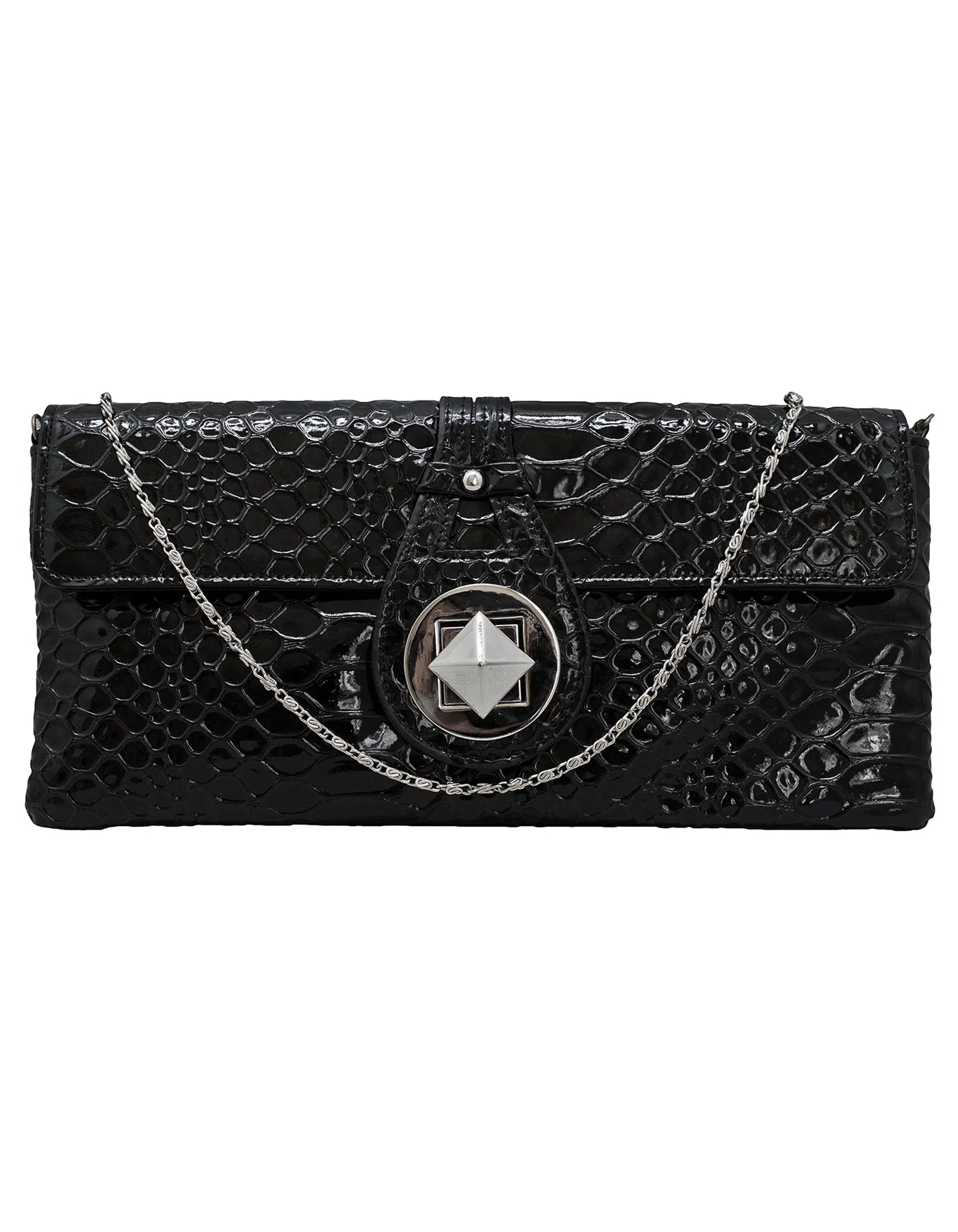 Fino RF-07 Faux Patent Crocodile Faux Leather Clutch Bag with Chain and Twist Lock