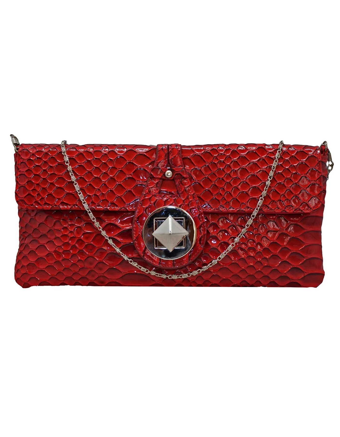 Fino RF-07 Faux Patent Crocodile Faux Leather Clutch Bag with Chain and Twist Lock