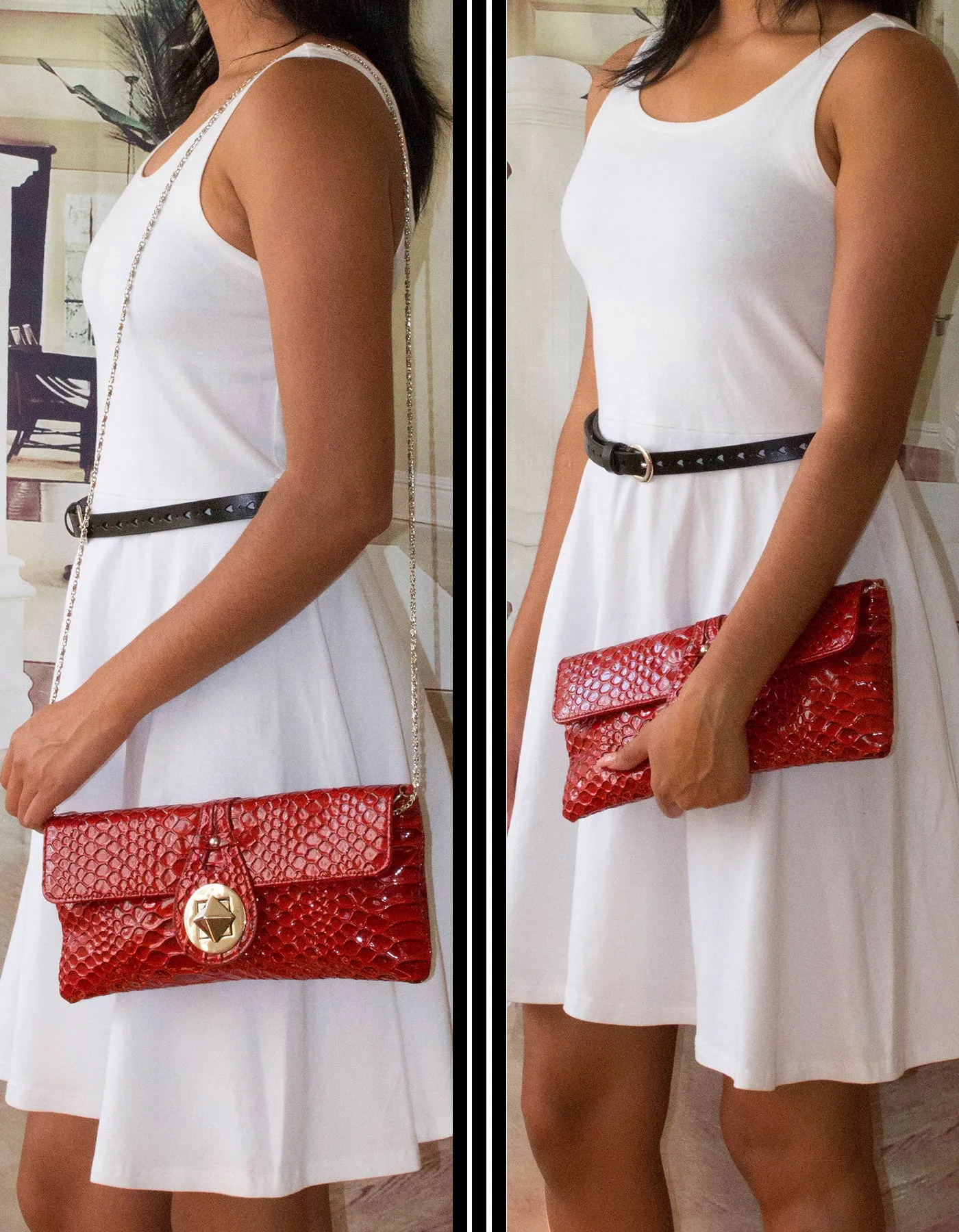 Fino RF-07 Faux Patent Crocodile Faux Leather Clutch Bag with Chain and Twist Lock