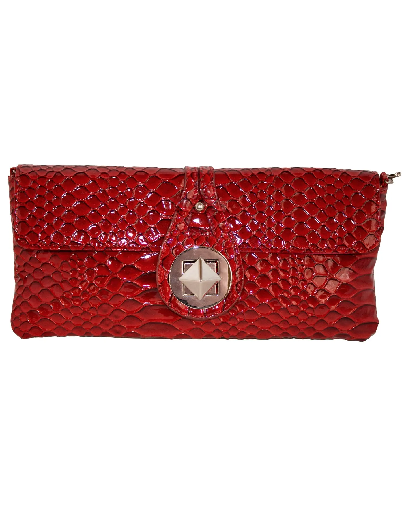 Fino RF-07 Faux Patent Crocodile Faux Leather Clutch Bag with Chain and Twist Lock