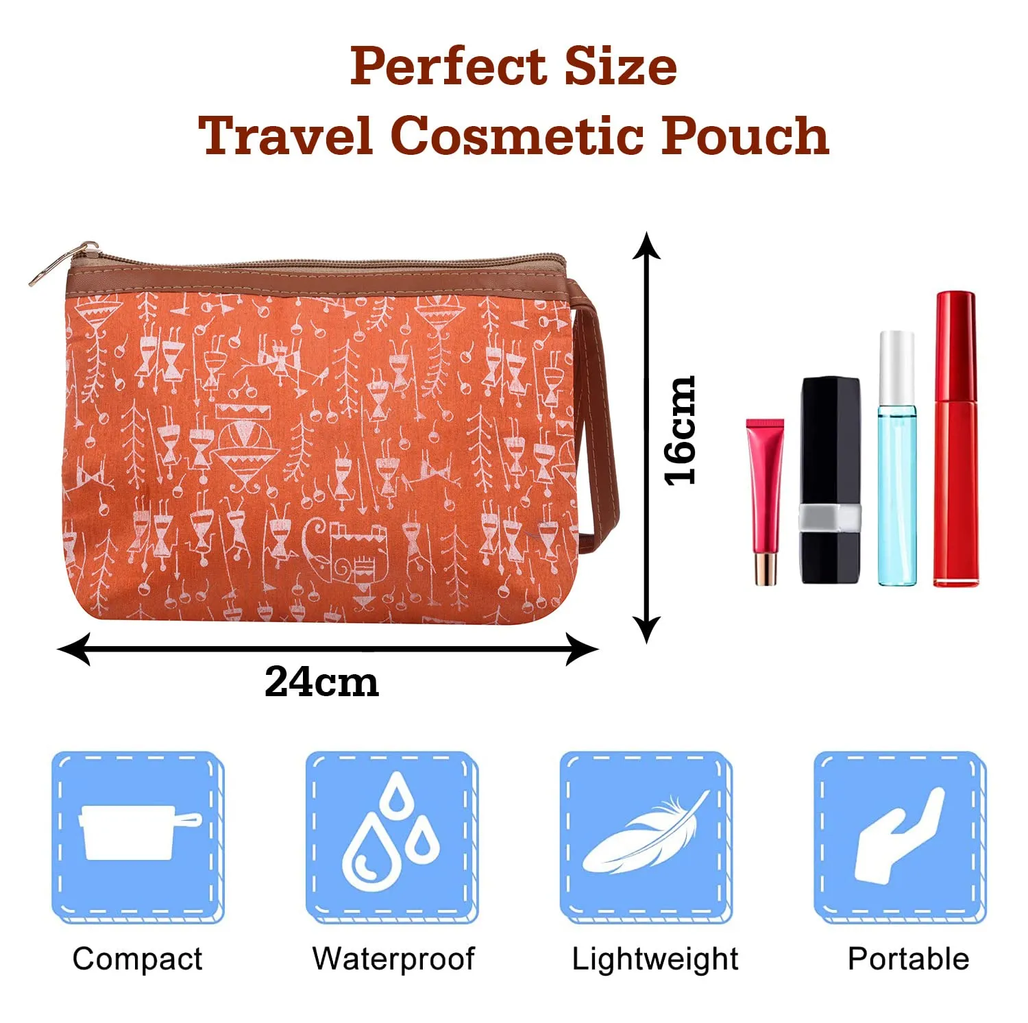 Heart Home Toiletry Pouch|Warli Print Travel Cosmetic Pouch|Canvas Waterproof Makeup Pouch with Handle|Pack of 2 (Orange)
