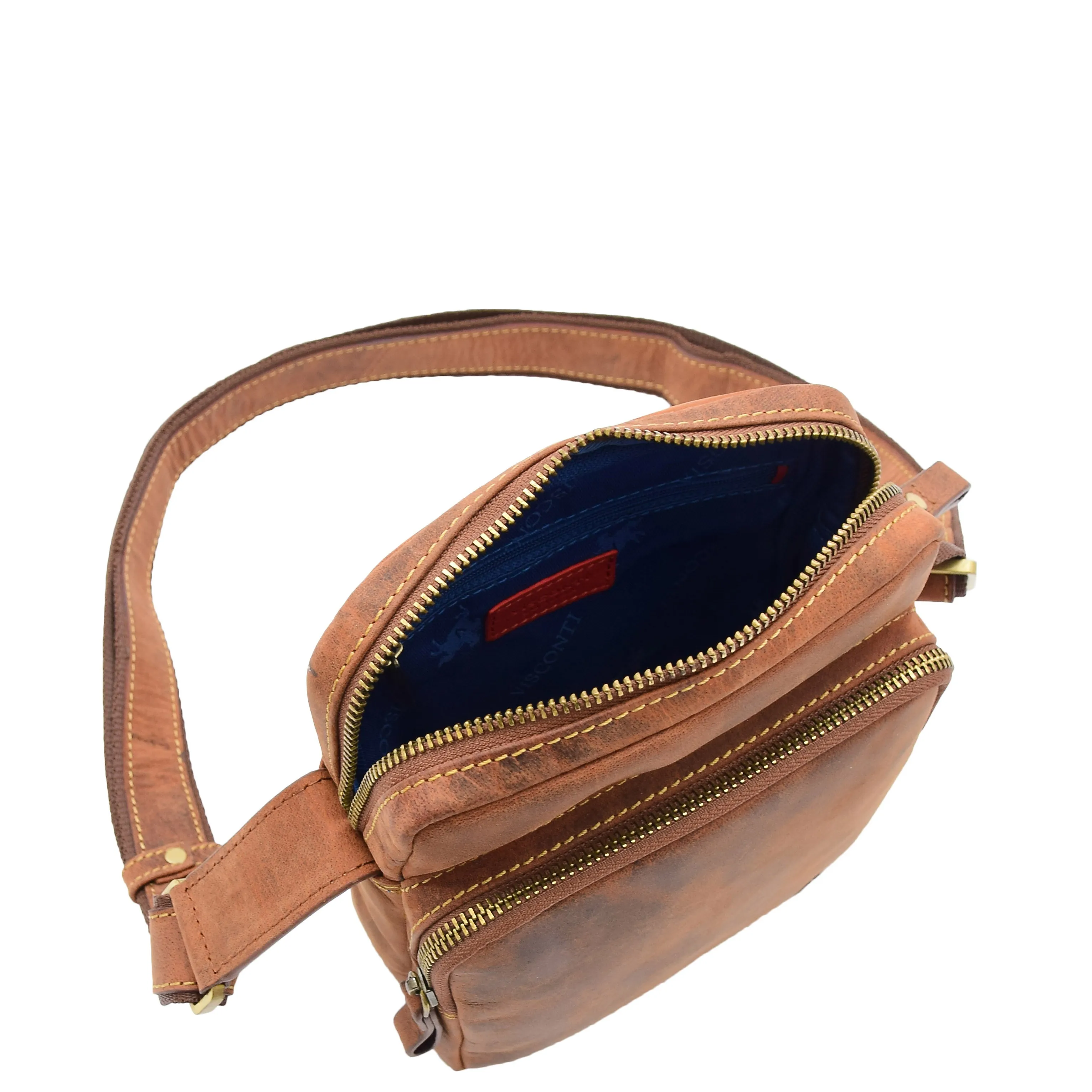 Mens Tan Hunter Leather Crossbody Bag Casual Messenger Multi Pockets Flight Bag