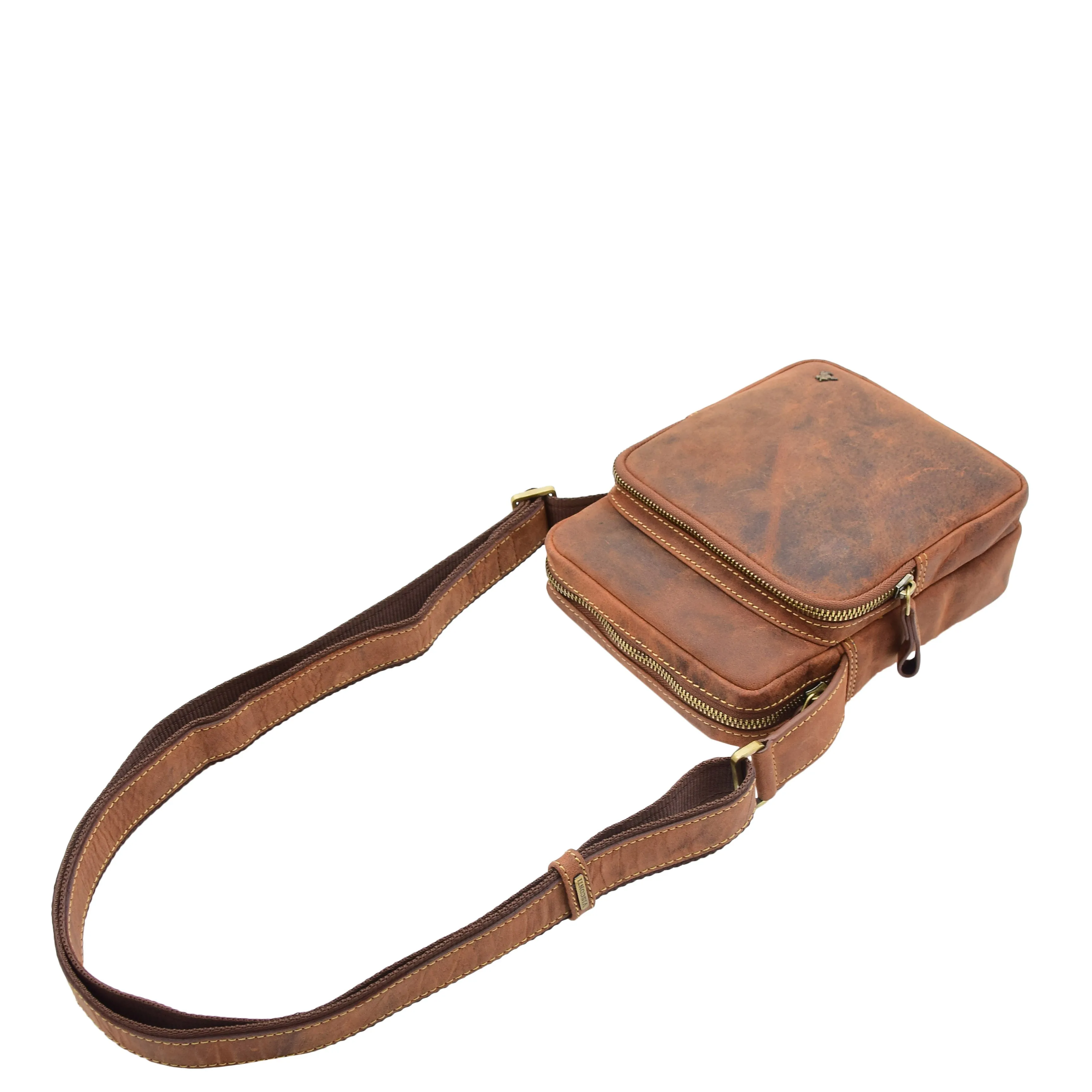 Mens Tan Hunter Leather Crossbody Bag Casual Messenger Multi Pockets Flight Bag