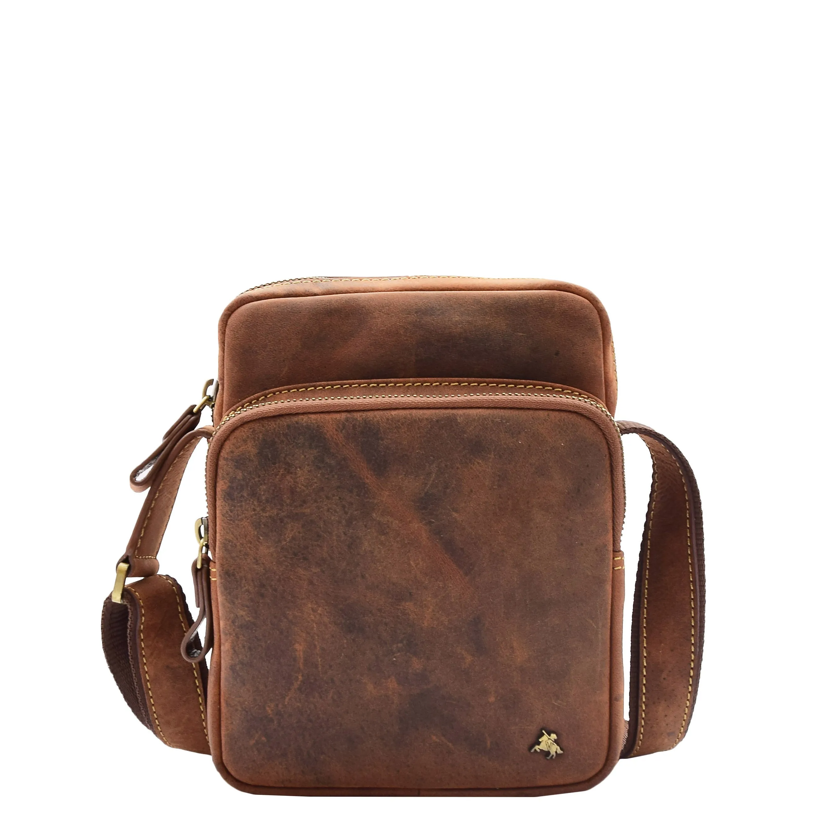 Mens Tan Hunter Leather Crossbody Bag Casual Messenger Multi Pockets Flight Bag