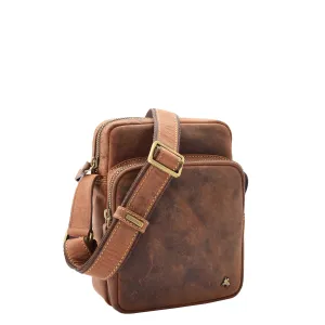 Mens Tan Hunter Leather Crossbody Bag Casual Messenger Multi Pockets Flight Bag
