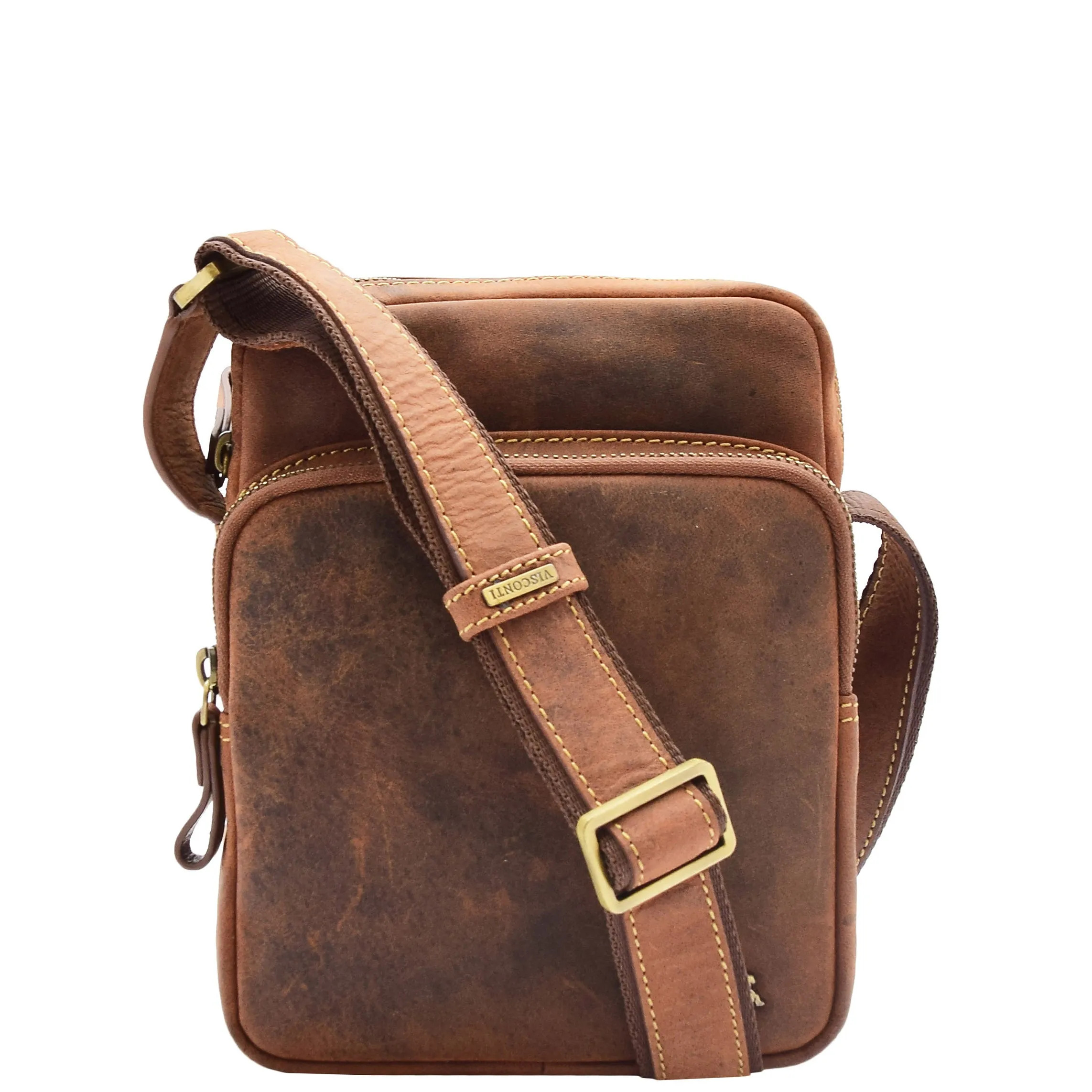 Mens Tan Hunter Leather Crossbody Bag Casual Messenger Multi Pockets Flight Bag