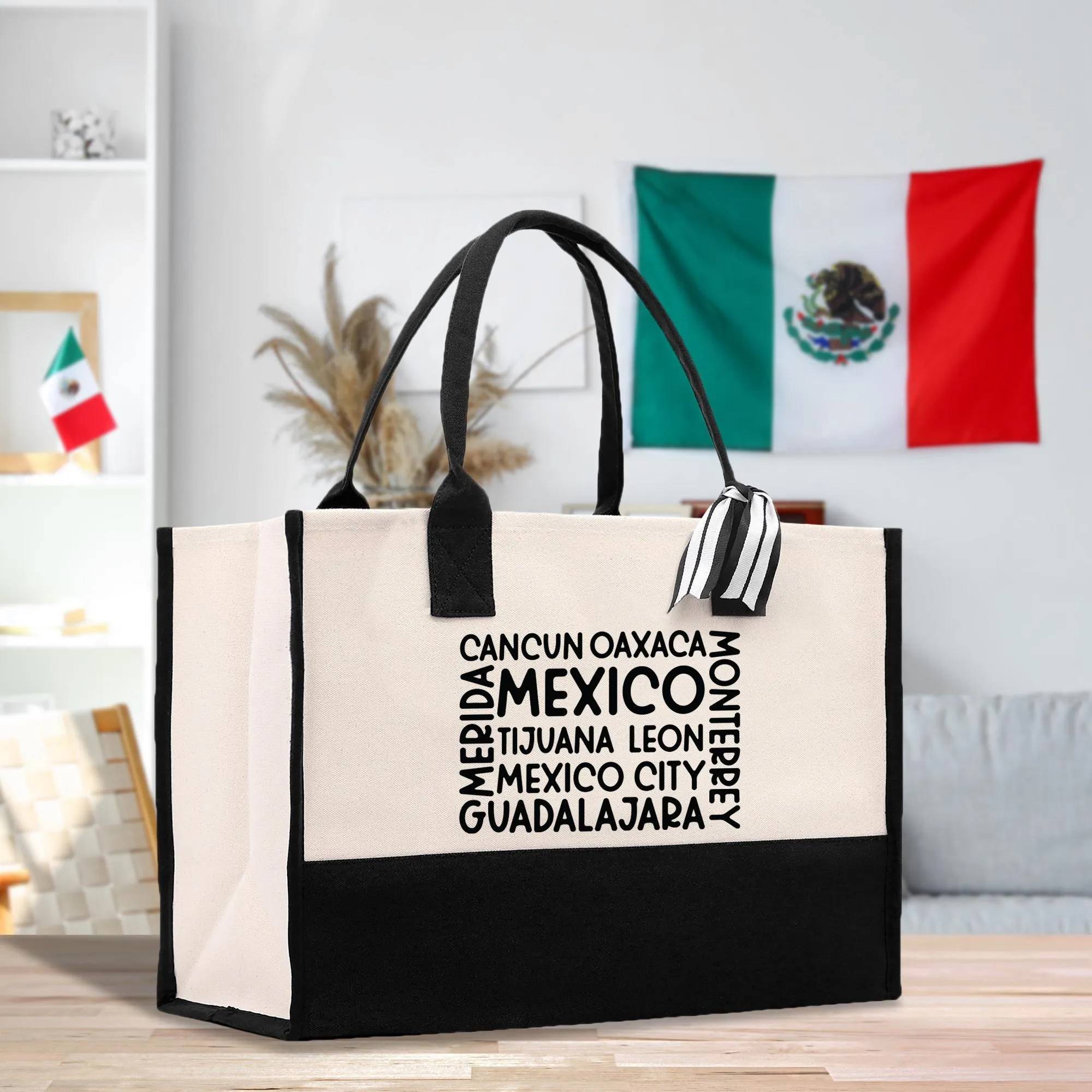 Mexico Cotton Canvas Tote Bag Cancun Trip Bag Mexico Wedding Welcome Bag Party Favor Bags (MXTB1001)
