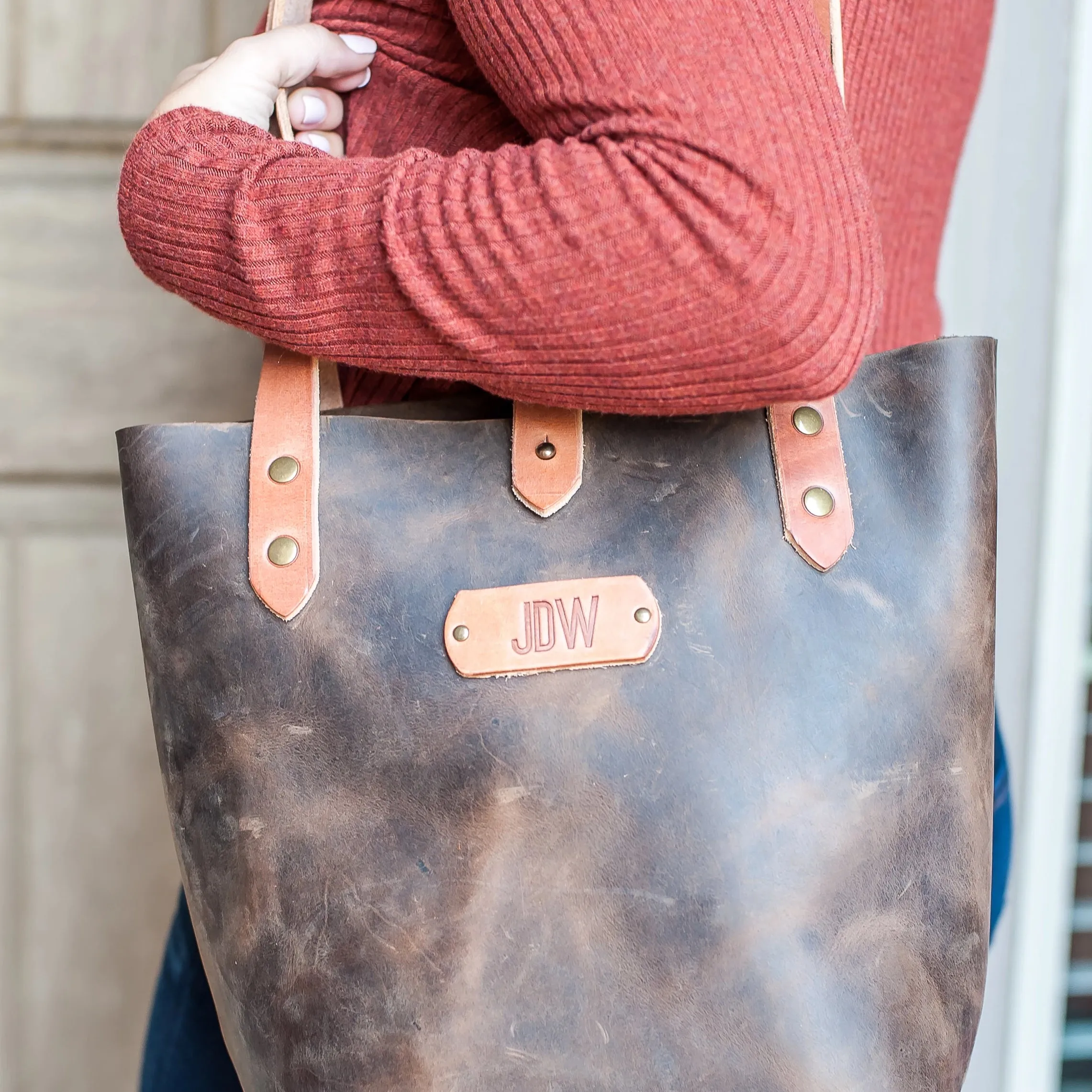 Personalized Leather Strap Closure Tote Bag