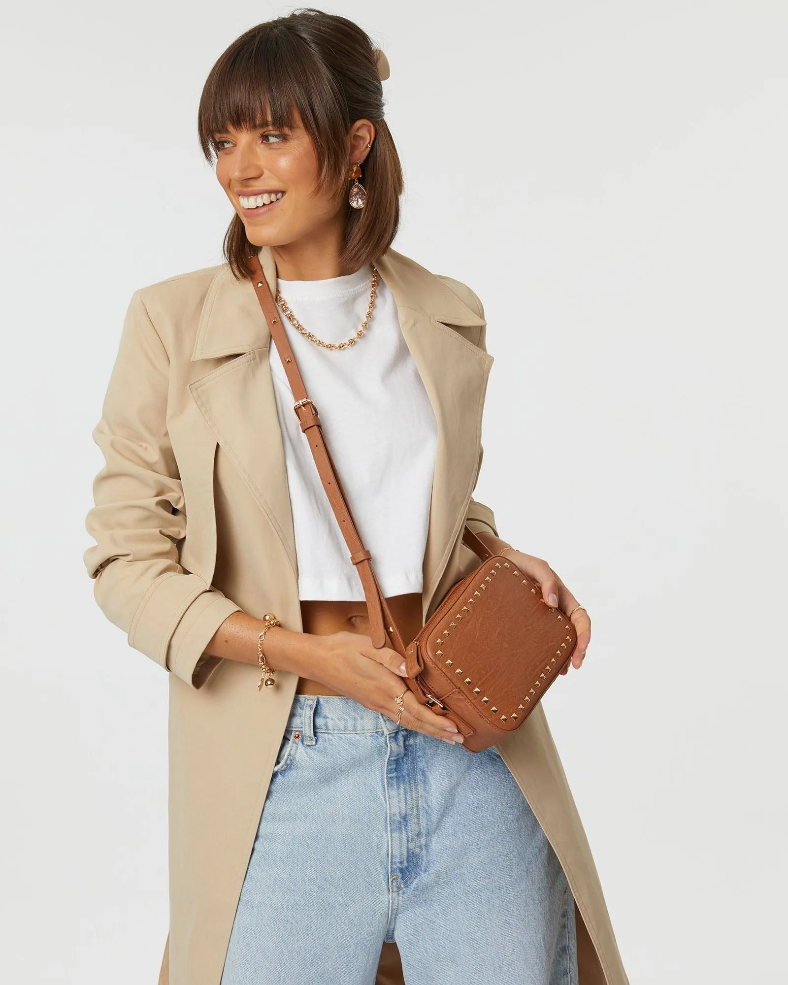 Tan Chloe Stud Crossbody Bag