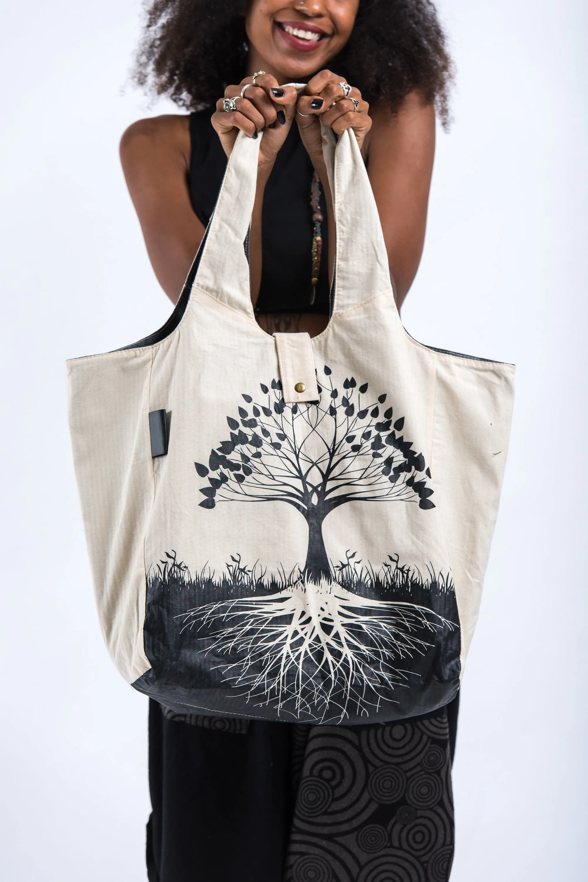 Tree of Life Reversible Cotton Tote Bag in Natural