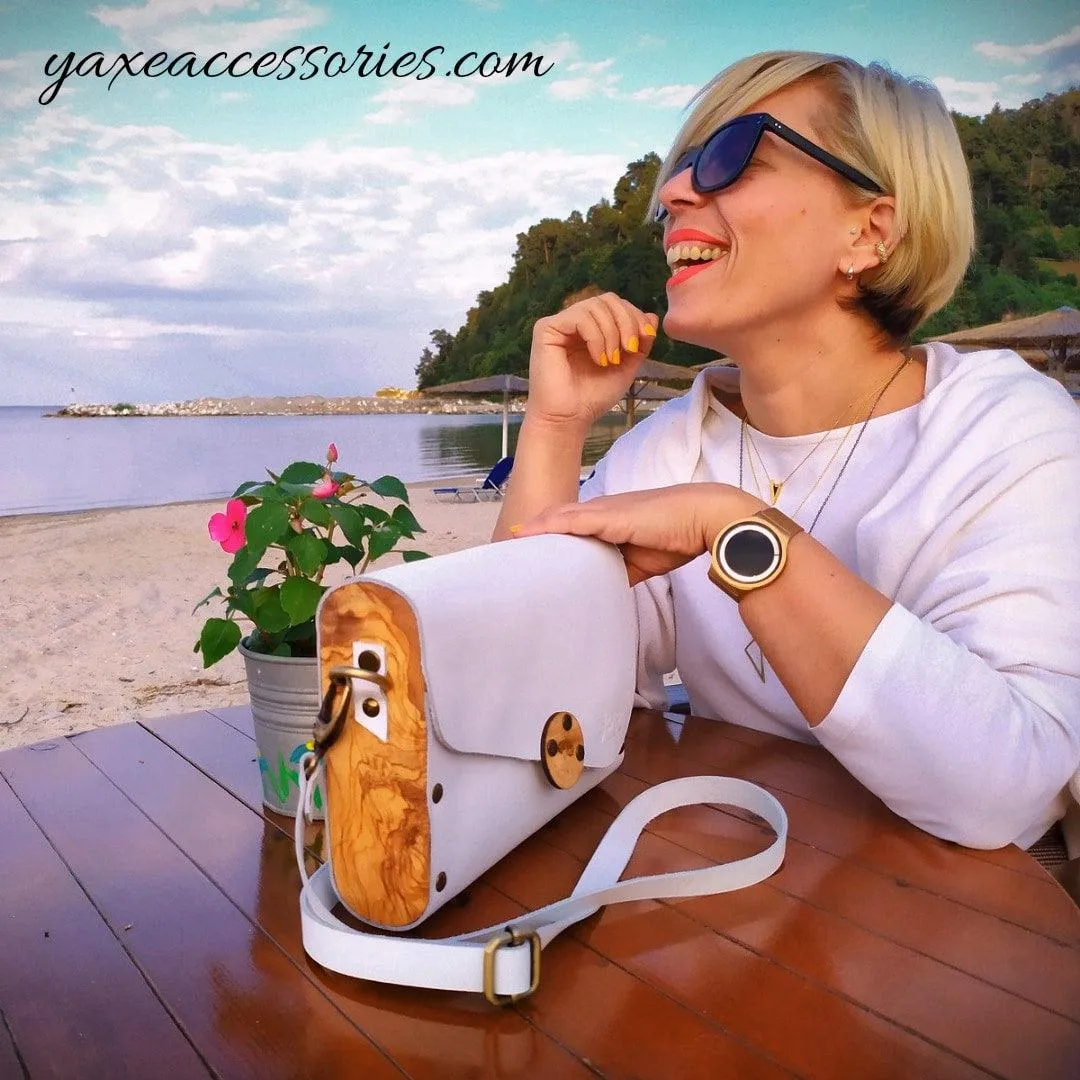 White leather wood women bag
