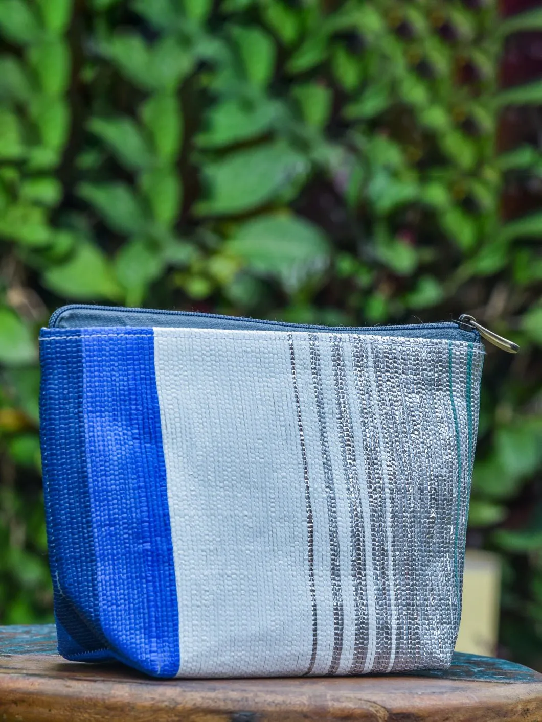 Woven White and Blue Pouch