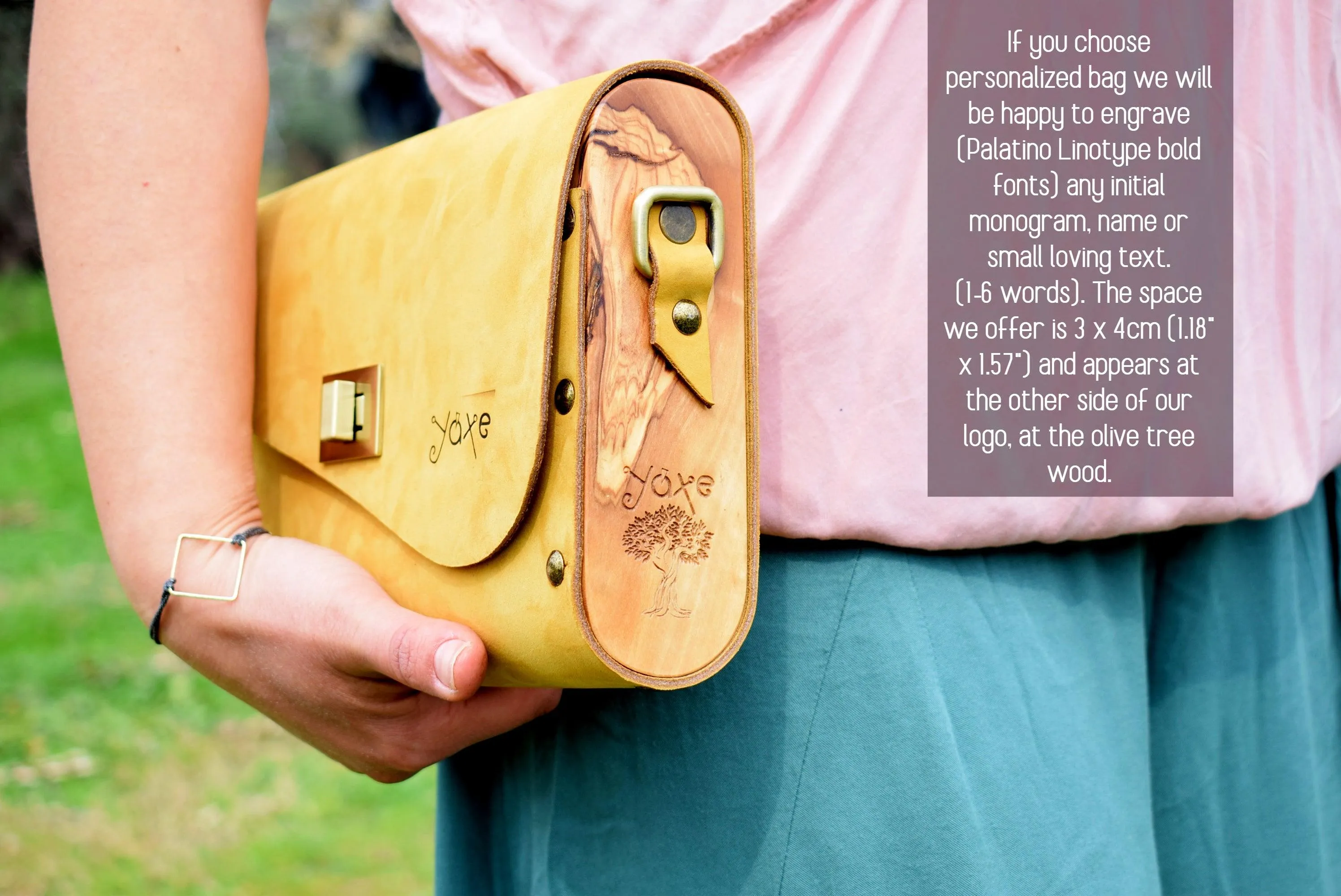 Yellow leather wood women bag