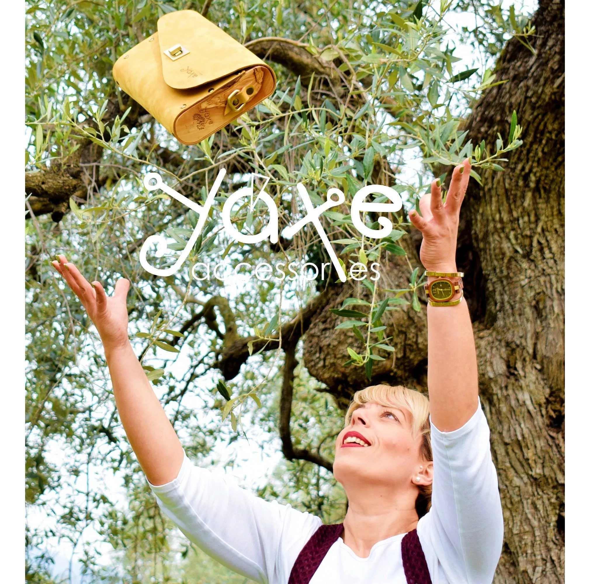 Yellow leather wood women bag