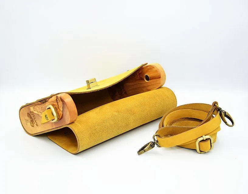 Yellow leather wood women bag