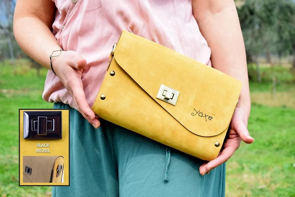 Yellow leather wood women bag